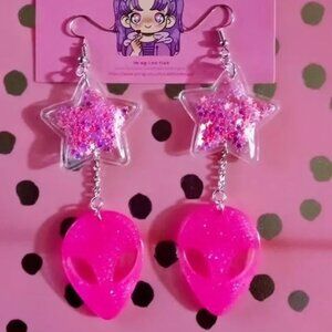 inspired kawaii pink alien earrings